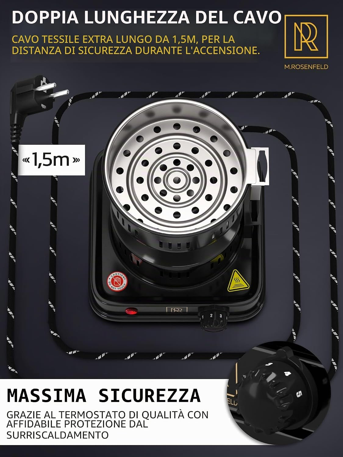 Accenditore Elettrico Carbone Bruciatore per Narghile  FIRE Tower 3.0 Con Cavo Extra Lungo Da 150 Cm Cestino per Carbone Rimovibile E 2 Pinze Spirale in Acciaio 304 per Una Maggiore Durata