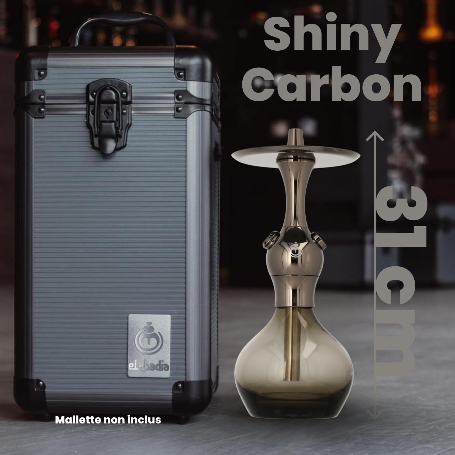 EL-BADIA C1 V2 Narghilè 31Cm – Shisha Compatta E Moderna Con Colonna in Alluminio, Vaso in Vetro Click, Braciere Phunnel, Tubo Lavabile & Bocchino – Narguilè Stile Ultra Moderno (Shiny Carbon)