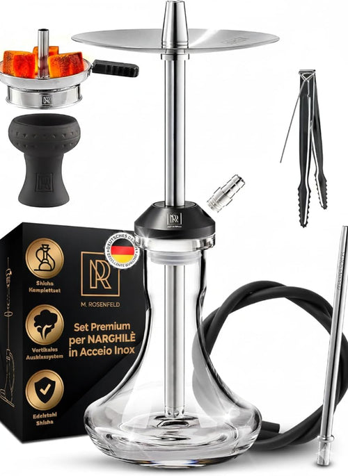 Kit Narghile Completo M.Rosenfeld in Acciaio Inox - Shisha Professionale Alta Qualità Con Tubo 150Cm, Accessori Inclusi: Pinze E Testa