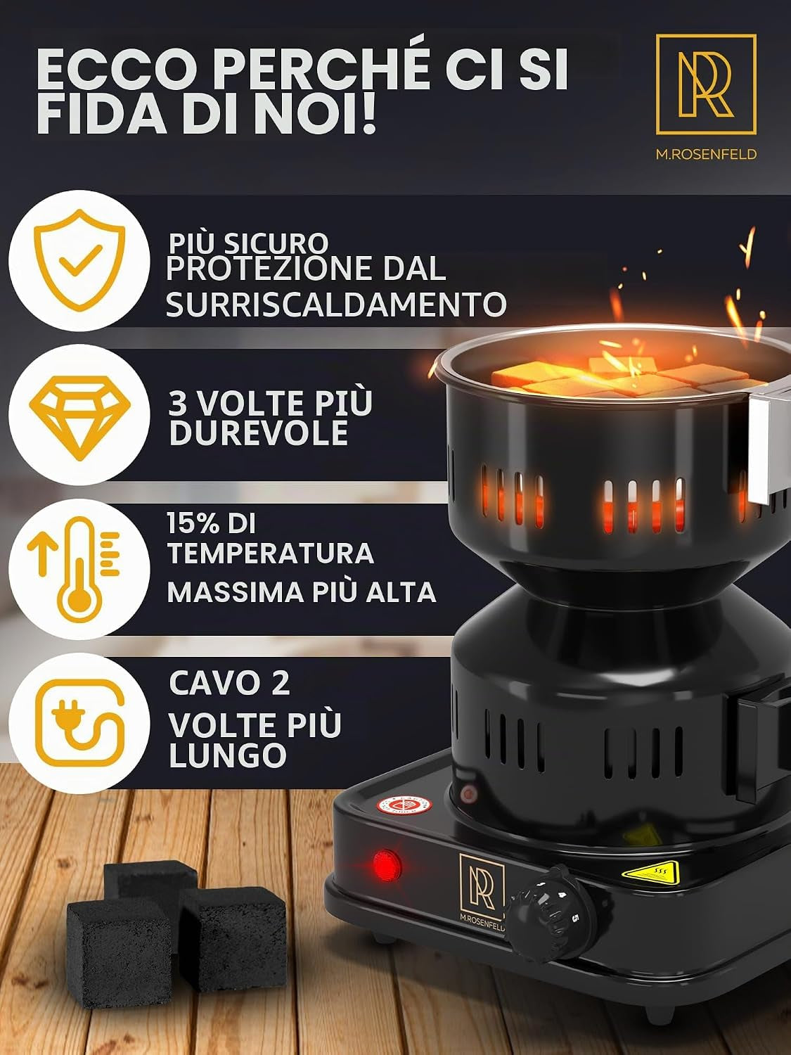 Accenditore Elettrico Carbone Bruciatore per Narghile  FIRE Tower 3.0 Con Cavo Extra Lungo Da 150 Cm Cestino per Carbone Rimovibile E 2 Pinze Spirale in Acciaio 304 per Una Maggiore Durata