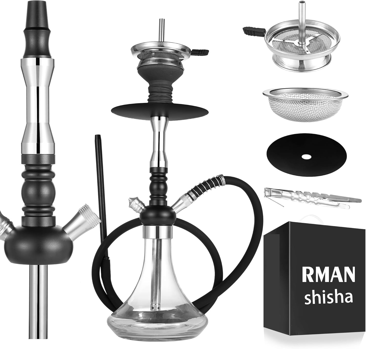 Shisha 50Cm Narghilè Completo Con Tubo Shisha Professionale Di Alta Qualita Hookah Con Fumarie in Acciaio Inox Di Immersione Cavità Chiusa, Narghile Accesori, Nero