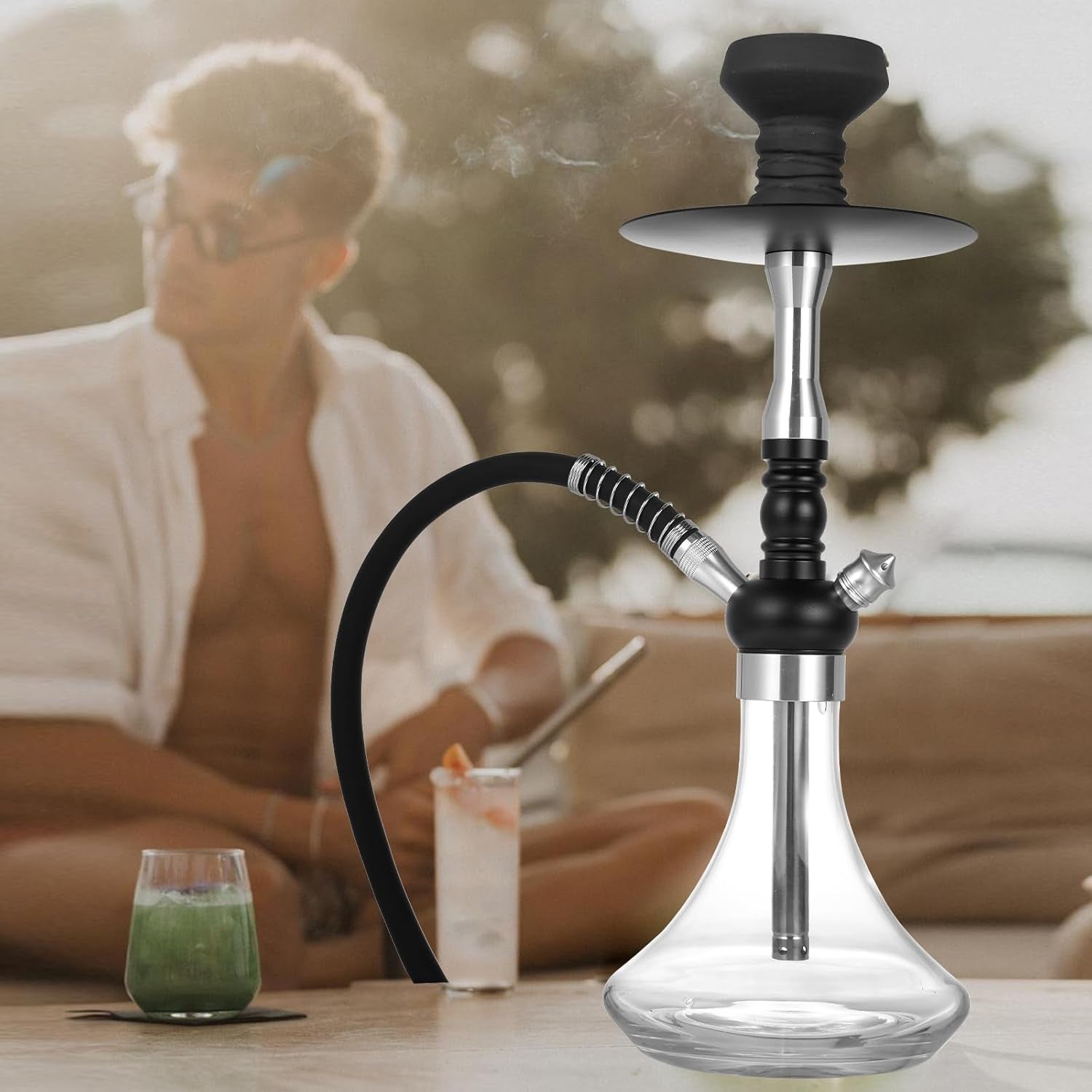 Shisha 50Cm Narghilè Completo Con Tubo Shisha Professionale Di Alta Qualita Hookah Con Fumarie in Acciaio Inox Di Immersione Cavità Chiusa, Narghile Accesori, Nero