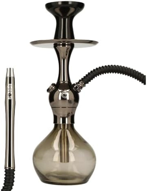 EL-BADIA C1 V2 Narghilè 31Cm – Shisha Compatta E Moderna Con Colonna in Alluminio, Vaso in Vetro Click, Braciere Phunnel, Tubo Lavabile & Bocchino – Narguilè Stile Ultra Moderno (Shiny Carbon)
