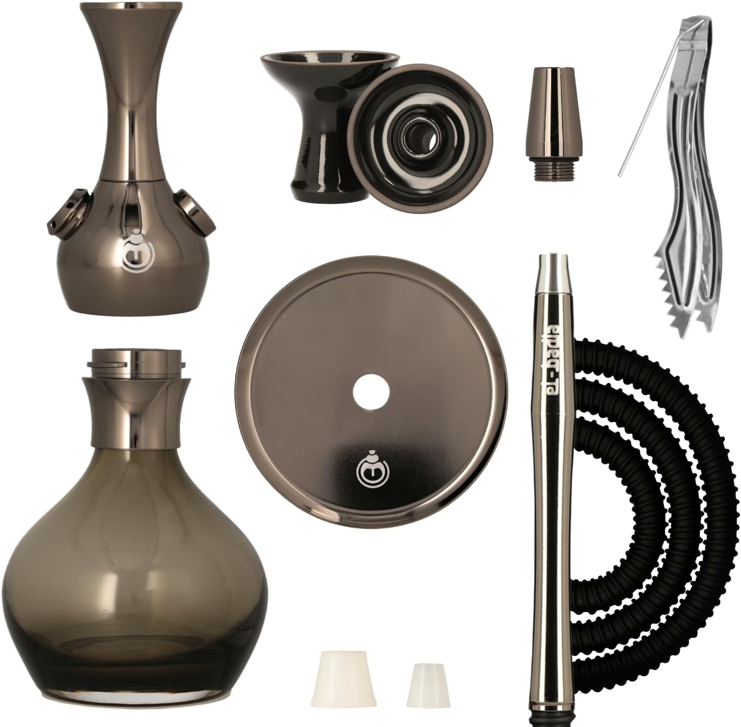 EL-BADIA C1 V2 Narghilè 31Cm – Shisha Compatta E Moderna Con Colonna in Alluminio, Vaso in Vetro Click, Braciere Phunnel, Tubo Lavabile & Bocchino – Narguilè Stile Ultra Moderno (Shiny Carbon)