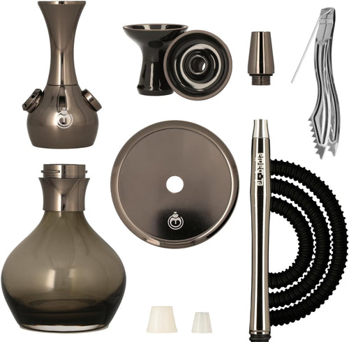 EL-BADIA C1 V2 Narghilè 31Cm – Shisha Compatta E Moderna Con Colonna in Alluminio, Vaso in Vetro Click, Braciere Phunnel, Tubo Lavabile & Bocchino – Narguilè Stile Ultra Moderno (Shiny Carbon)