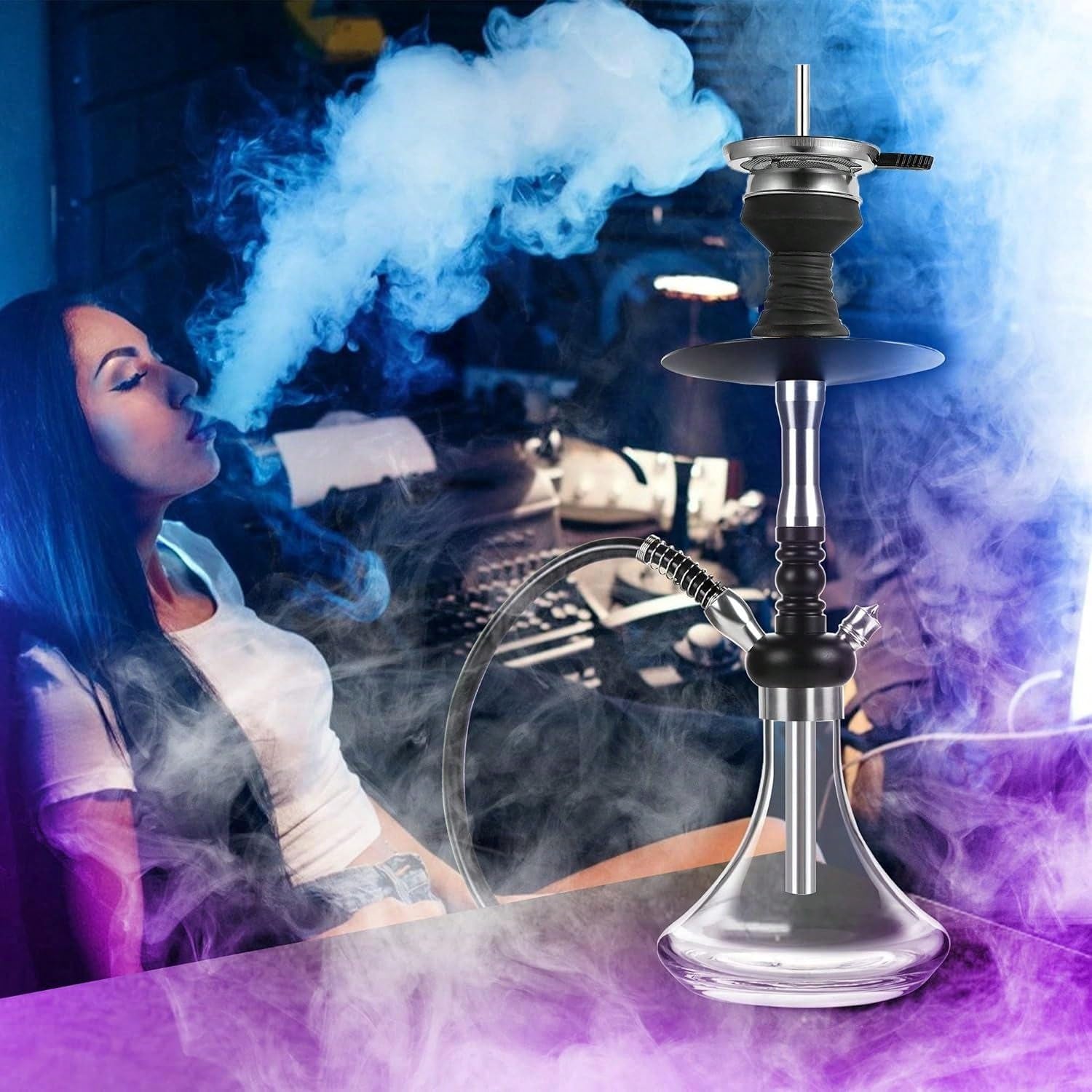 Shisha 50Cm Narghilè Completo Con Tubo Shisha Professionale Di Alta Qualita Hookah Con Fumarie in Acciaio Inox Di Immersione Cavità Chiusa, Narghile Accesori, Nero