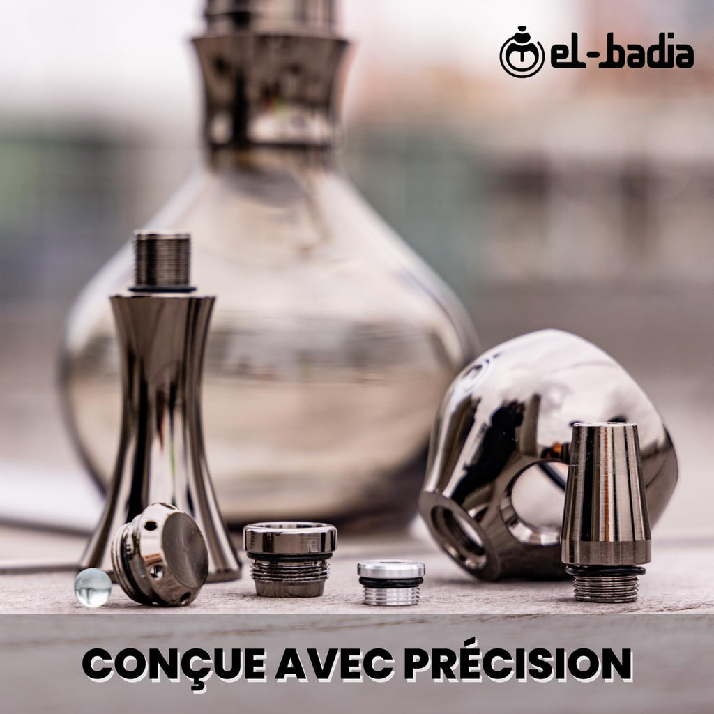 EL-BADIA C1 V2 Narghilè 31Cm – Shisha Compatta E Moderna Con Colonna in Alluminio, Vaso in Vetro Click, Braciere Phunnel, Tubo Lavabile & Bocchino – Narguilè Stile Ultra Moderno (Shiny Carbon)