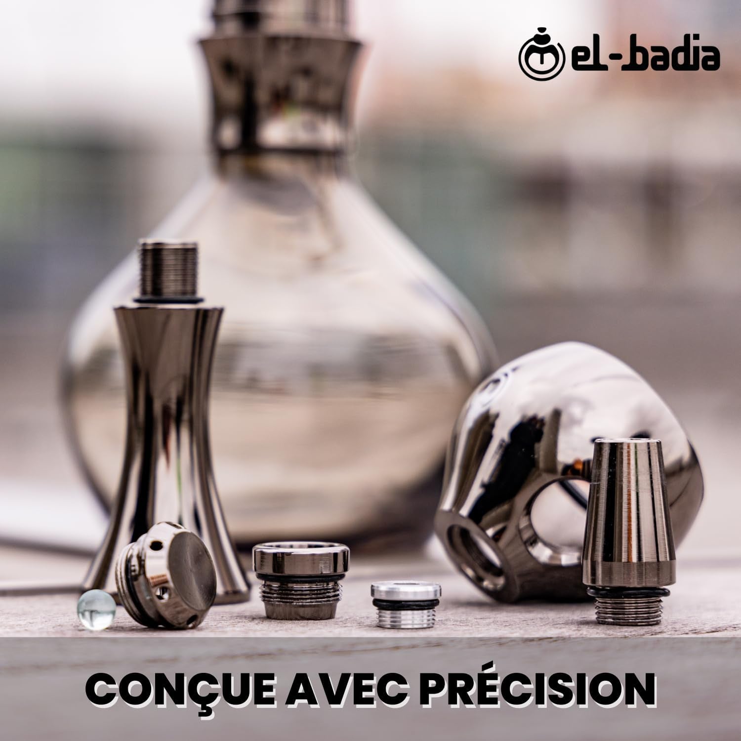 EL-BADIA C1 V2 Narghilè 31Cm – Shisha Compatta E Moderna Con Colonna in Alluminio, Vaso in Vetro Click, Braciere Phunnel, Tubo Lavabile & Bocchino – Narguilè Stile Ultra Moderno (Shiny Carbon)