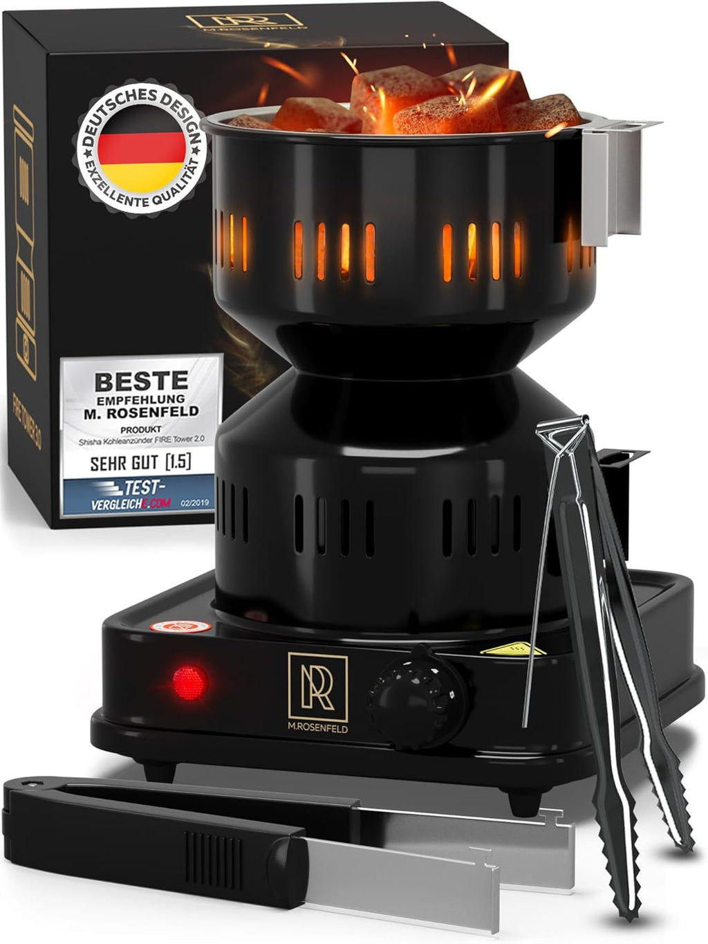 Accenditore Elettrico Carbone Bruciatore per Narghile  FIRE Tower 3.0 Con Cavo Extra Lungo Da 150 Cm Cestino per Carbone Rimovibile E 2 Pinze Spirale in Acciaio 304 per Una Maggiore Durata