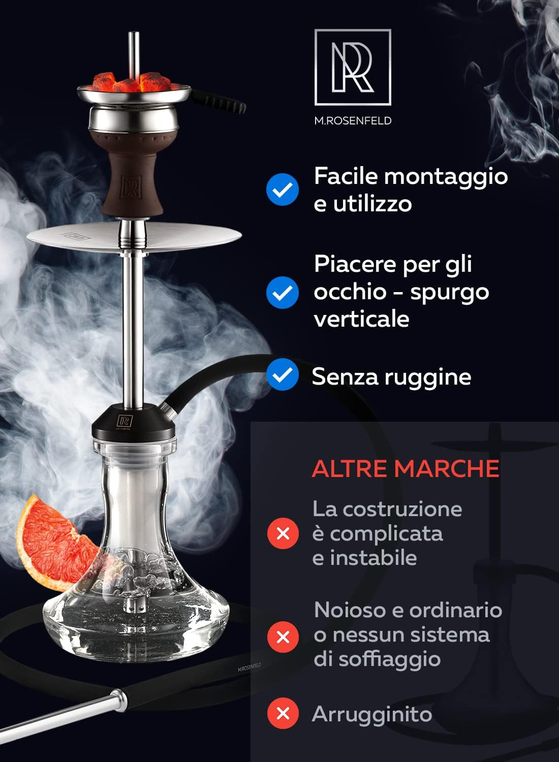 Kit Narghile Completo M.Rosenfeld in Acciaio Inox - Shisha Professionale Alta Qualità Con Tubo 150Cm, Accessori Inclusi: Pinze E Testa