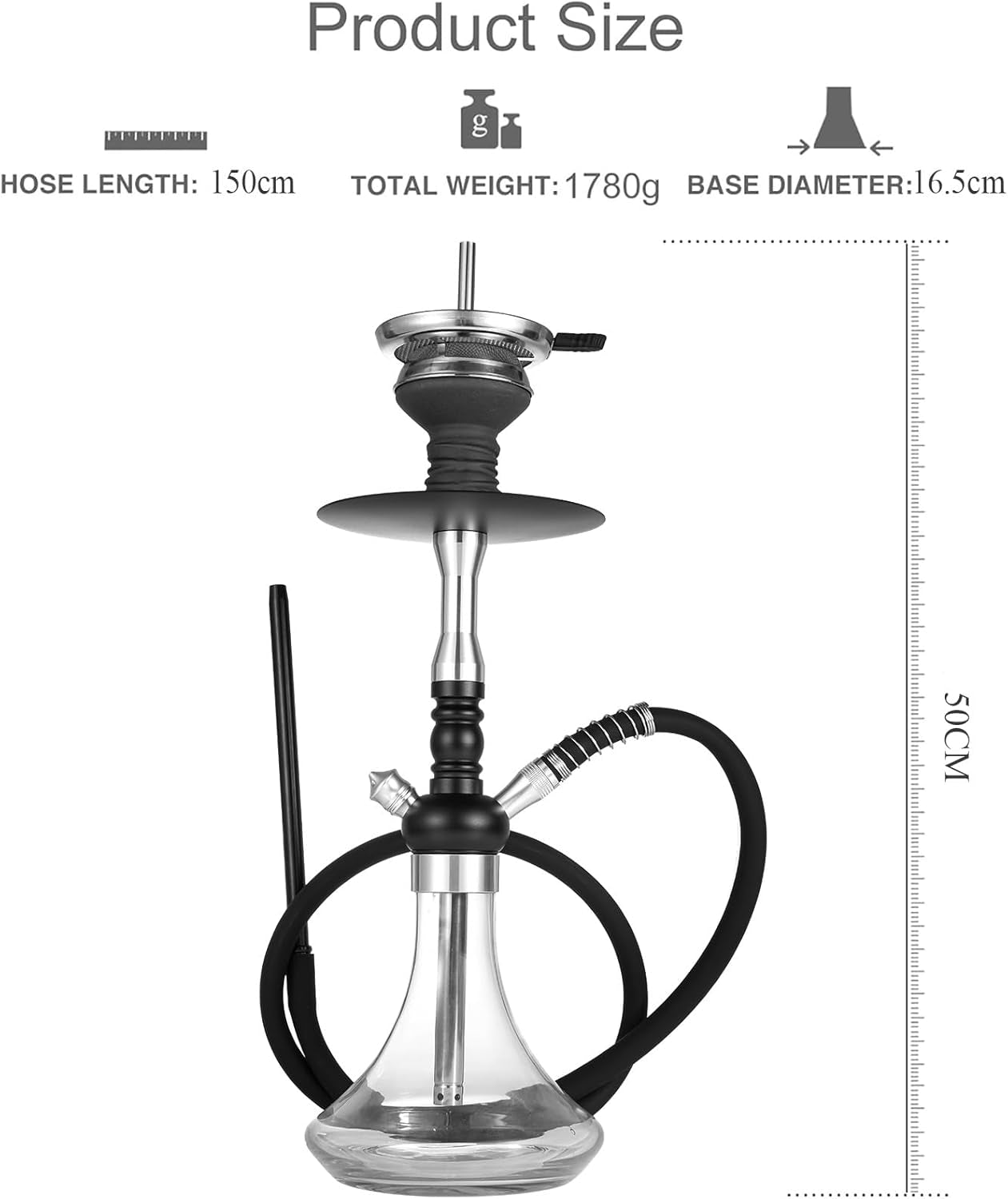 Shisha 50Cm Narghilè Completo Con Tubo Shisha Professionale Di Alta Qualita Hookah Con Fumarie in Acciaio Inox Di Immersione Cavità Chiusa, Narghile Accesori, Nero