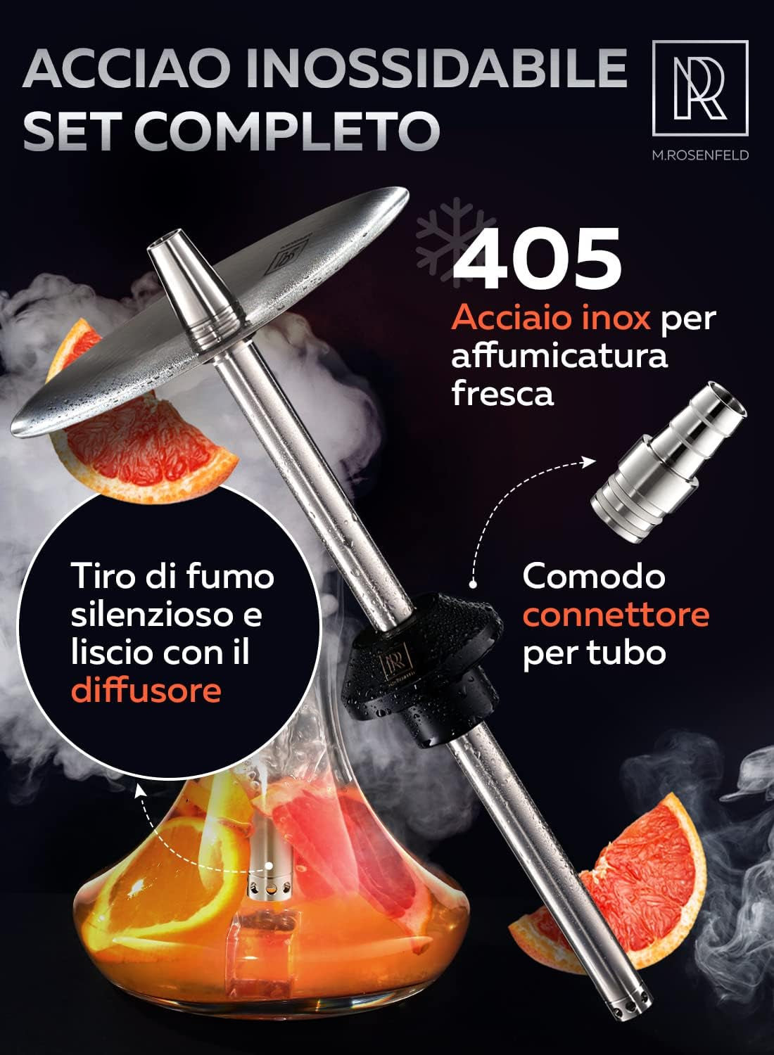 Kit Narghile Completo M.Rosenfeld in Acciaio Inox - Shisha Professionale Alta Qualità Con Tubo 150Cm, Accessori Inclusi: Pinze E Testa